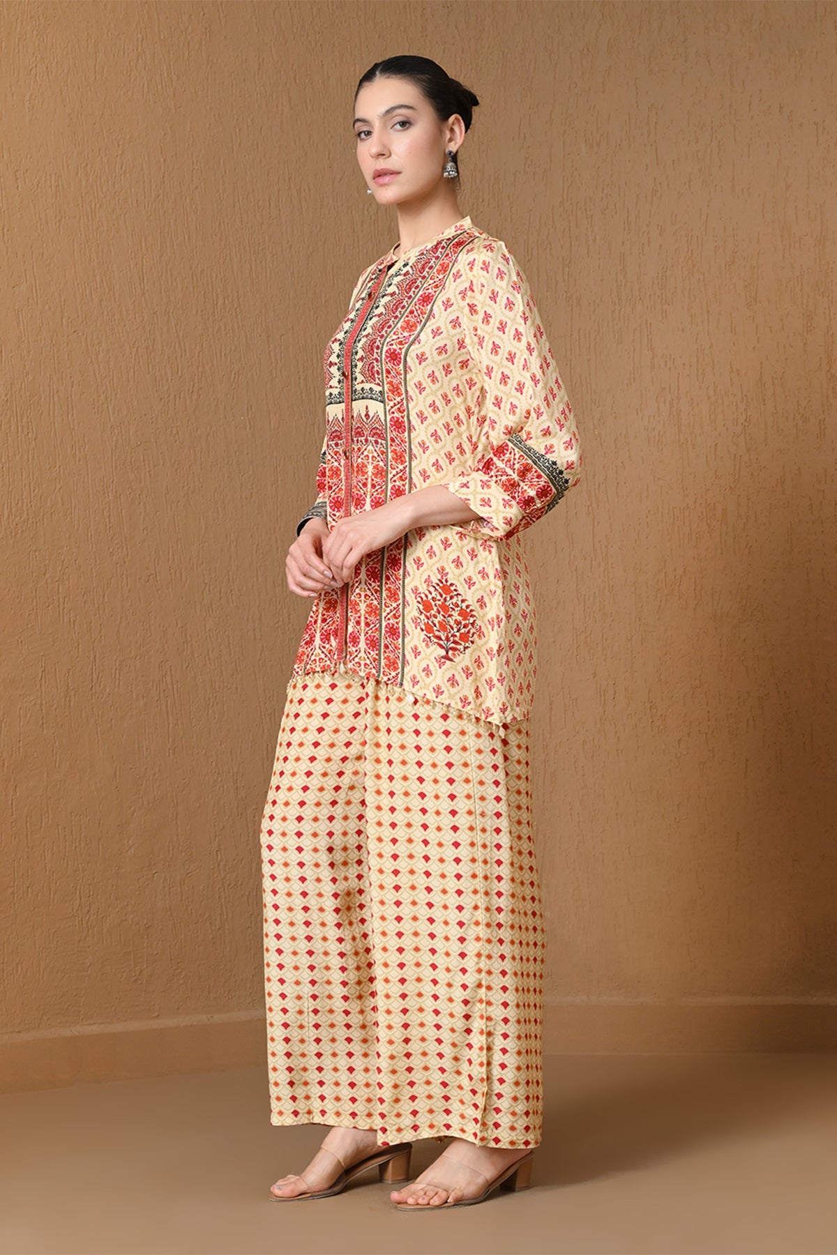 Beige & Red Floral Geometric Printed Co-ord Set