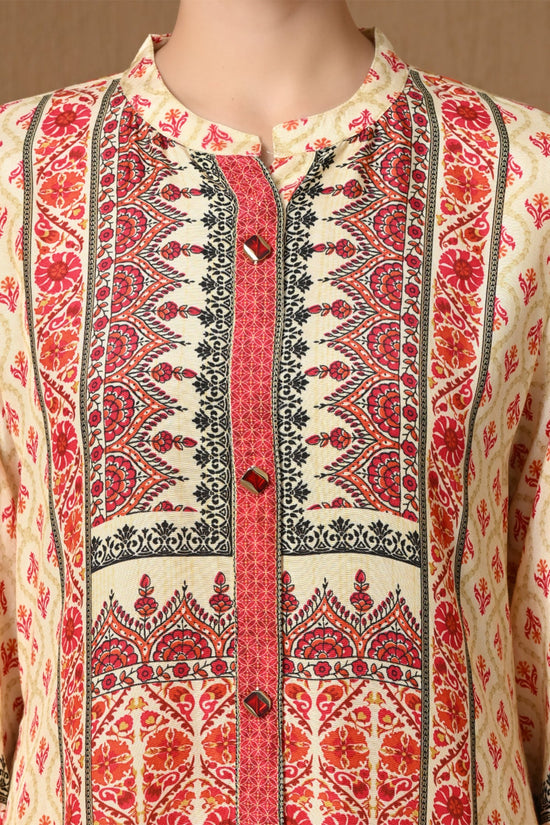 Beige & Red Floral Geometric Printed Co-ord Set