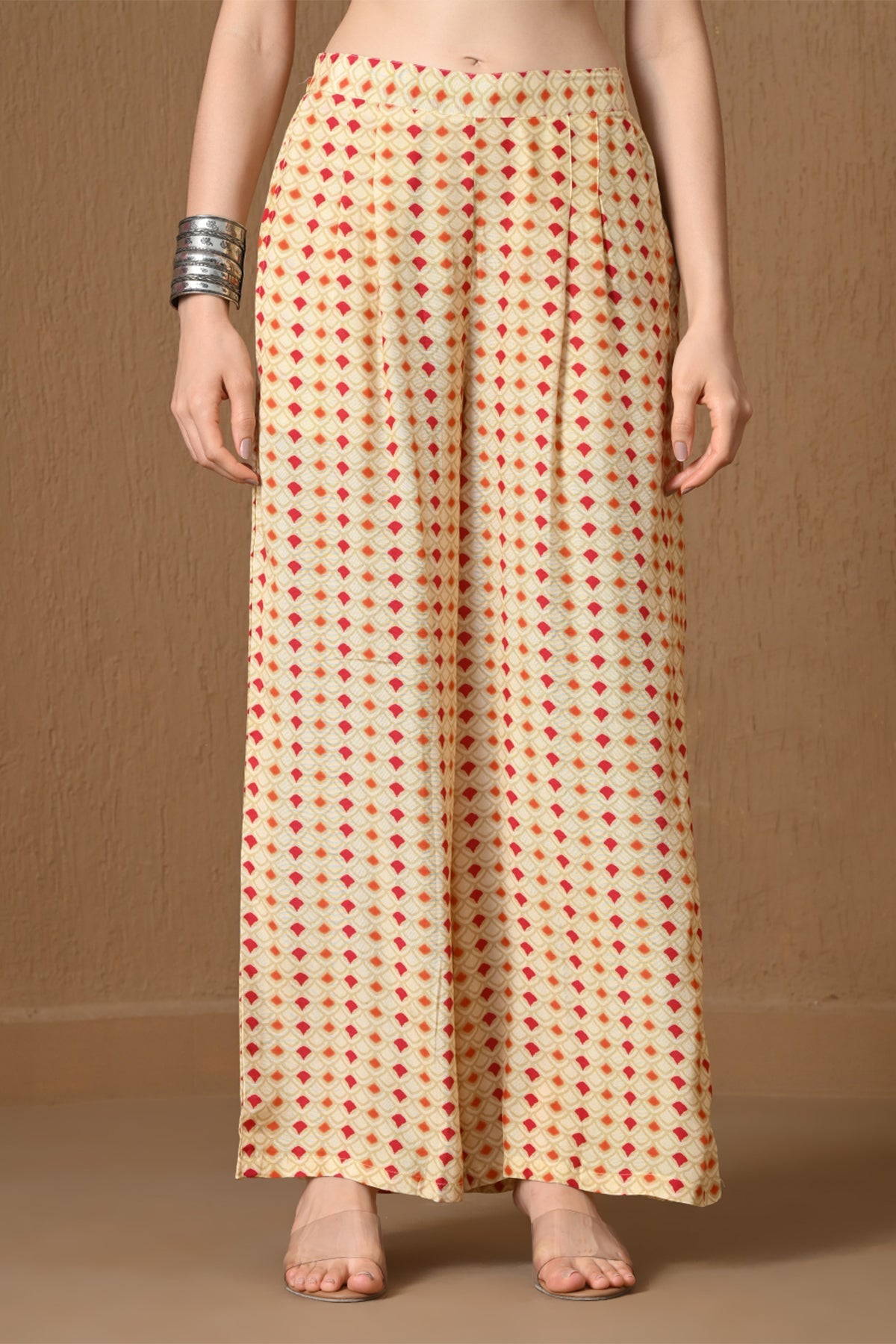 Beige & Red Floral Geometric Printed Co-ord Set