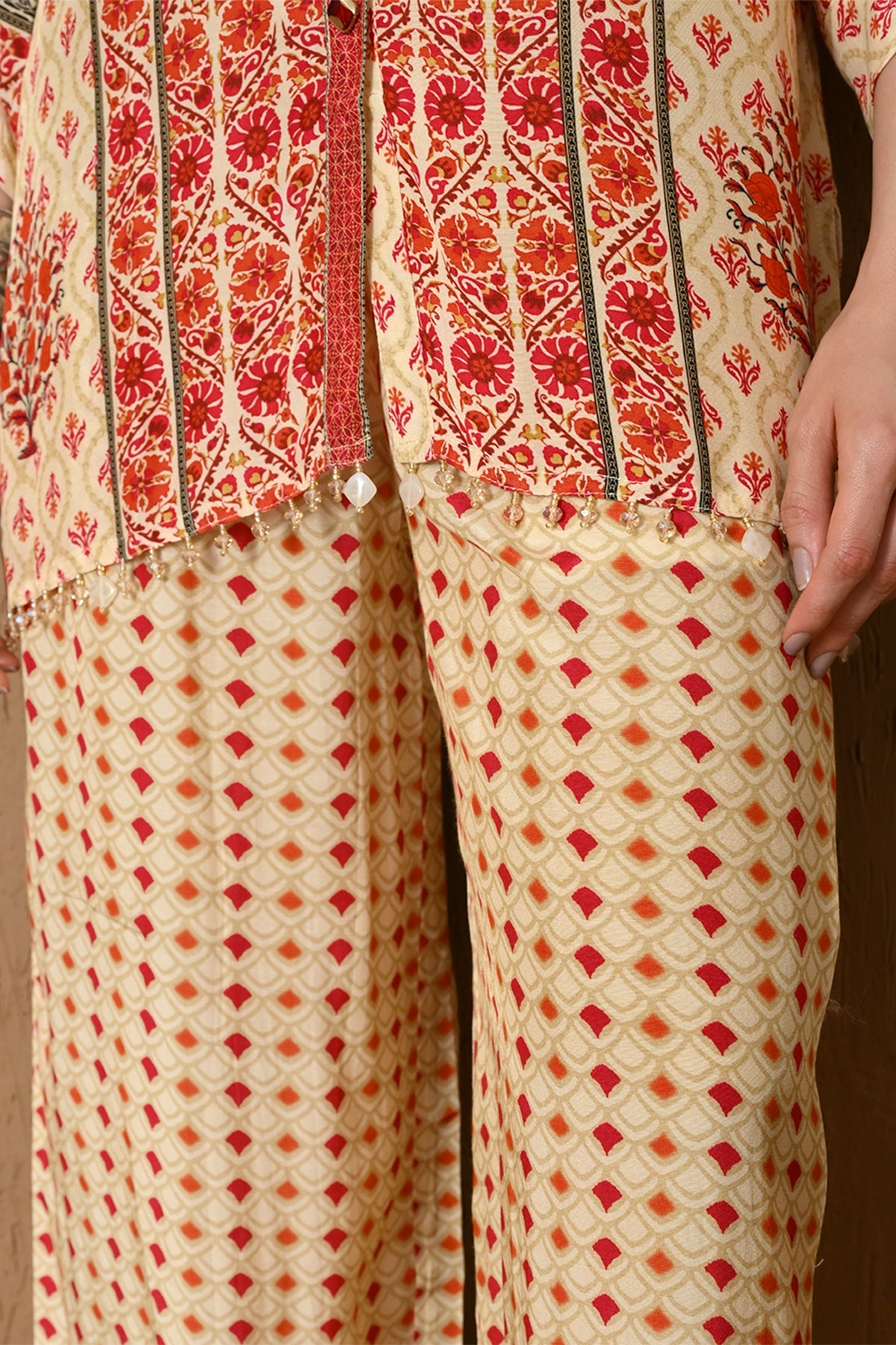 Beige & Red Floral Geometric Printed Co-ord Set