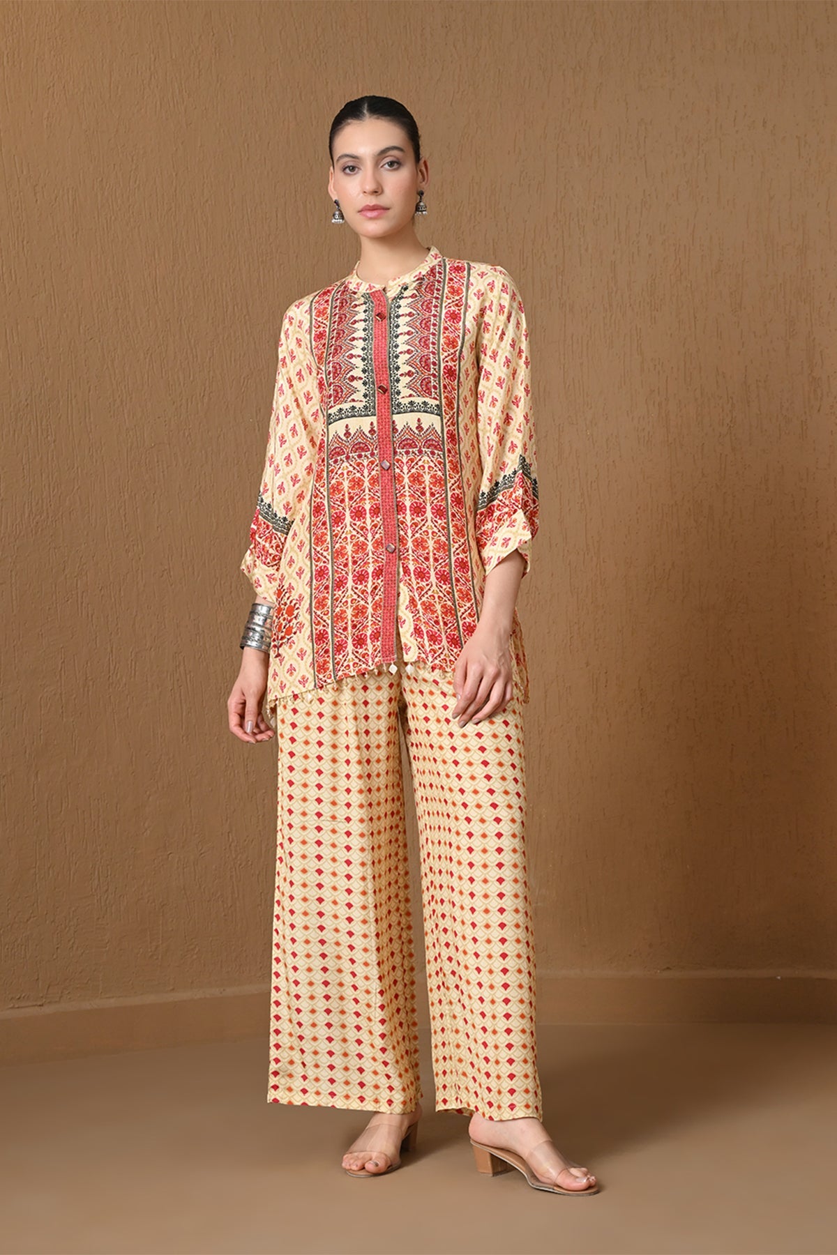 Beige & Red Floral Geometric Printed Co-ord Set