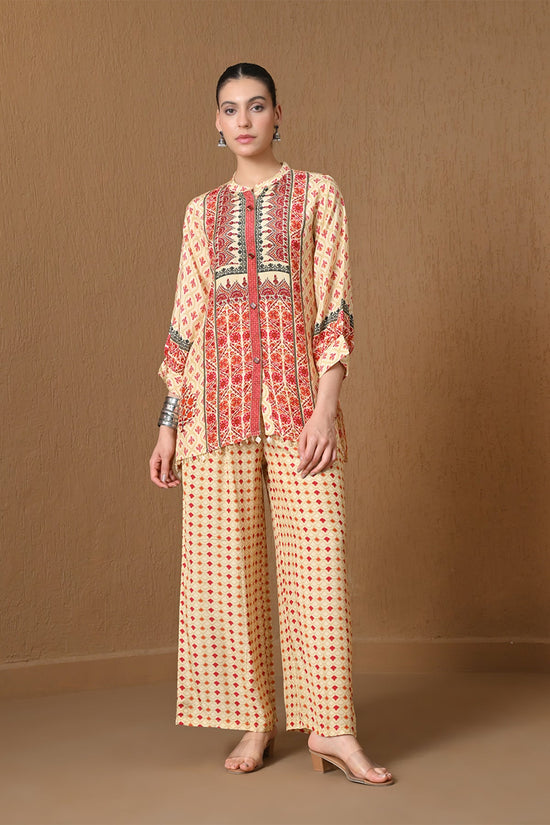Beige & Red Floral Geometric Printed Co-ord Set