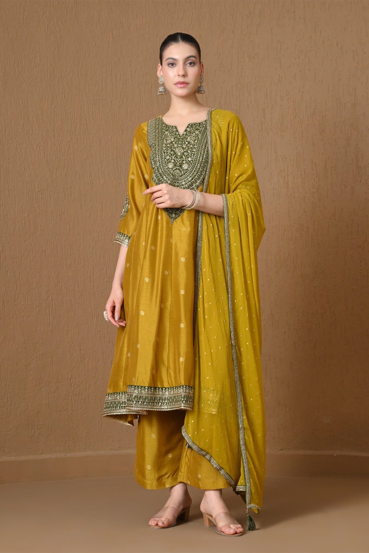 Mustard Gold Embroidered Anarkali 3 Pcs Kurta Set