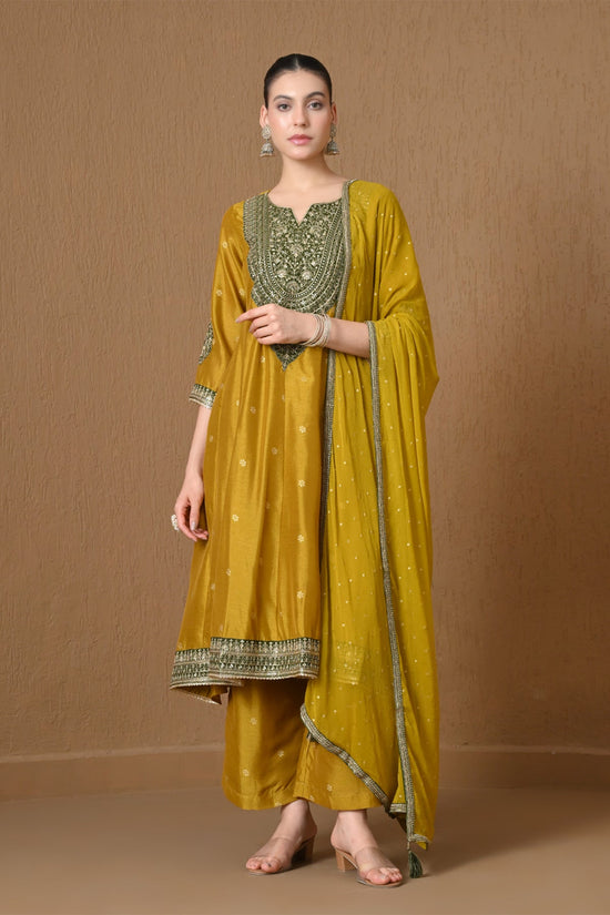 Mustard Gold Embroidered Anarkali 3 Pcs Kurta Set