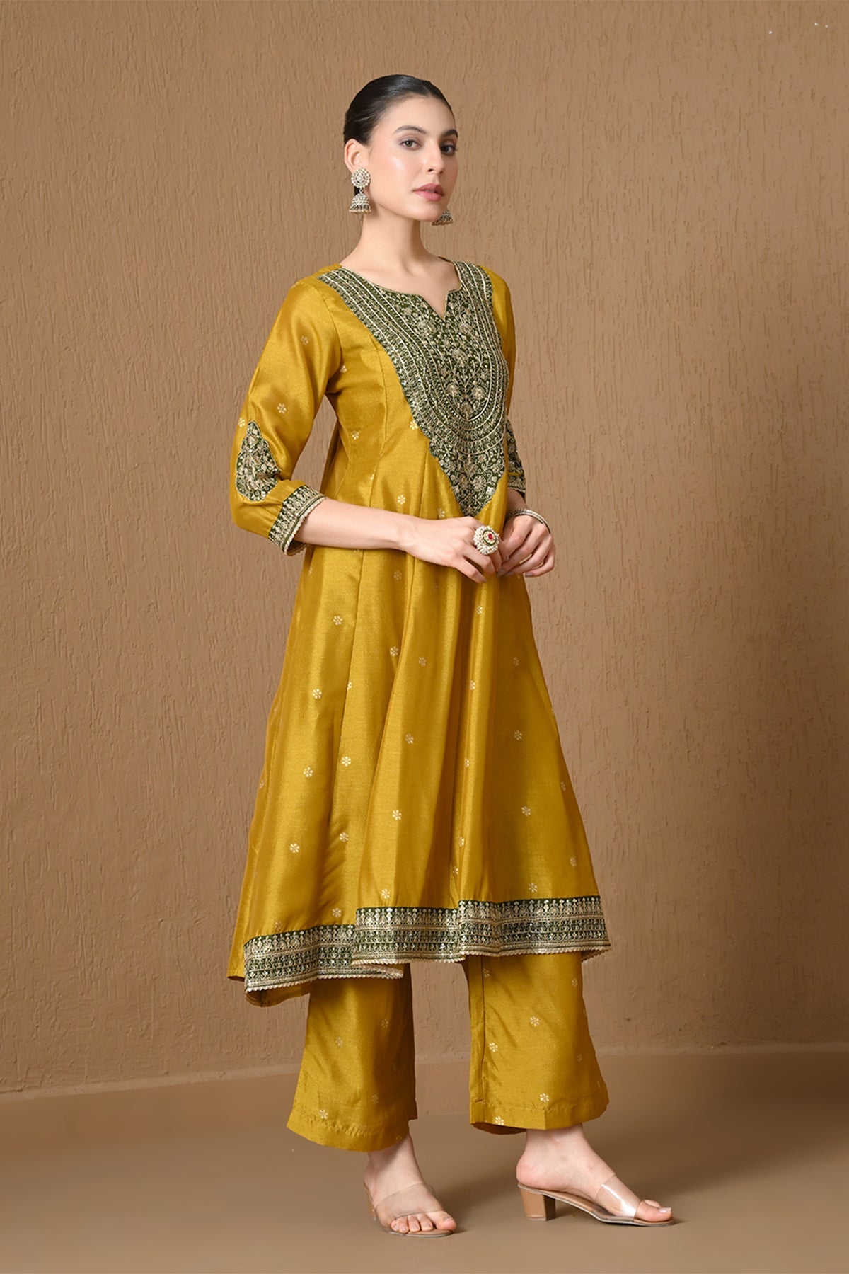 Mustard Gold Embroidered Anarkali 3 Pcs Kurta Set