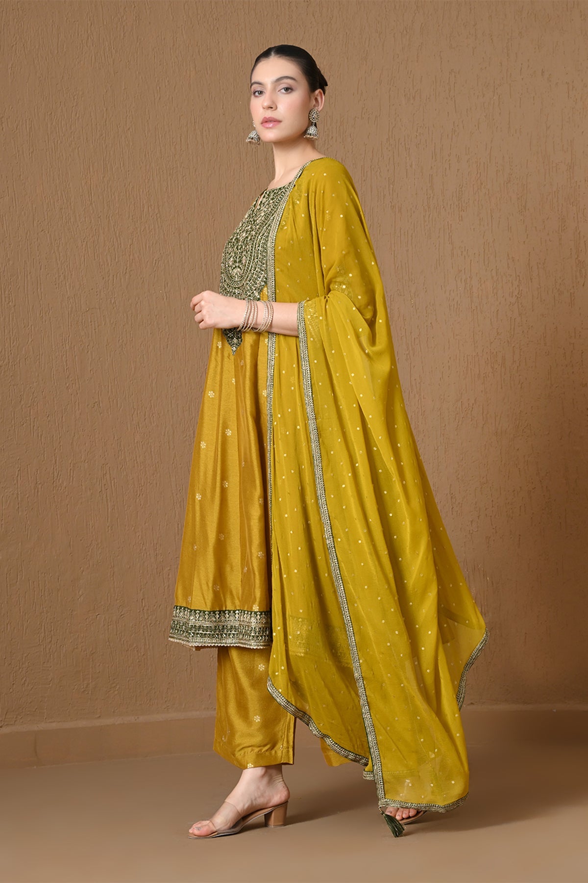 Mustard Gold Embroidered Anarkali 3 Pcs Kurta Set