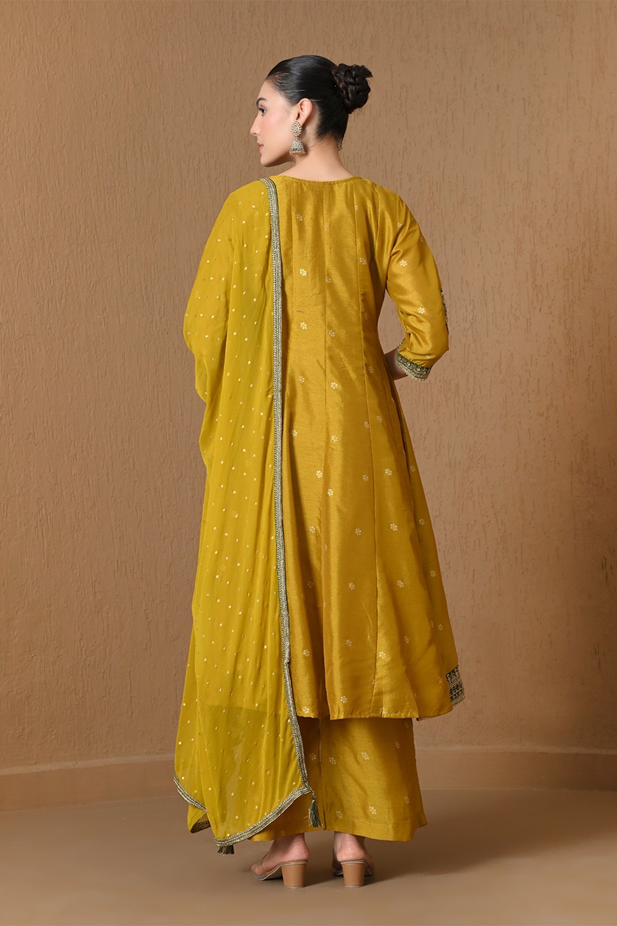 Mustard Gold Embroidered Anarkali 3 Pcs Kurta Set