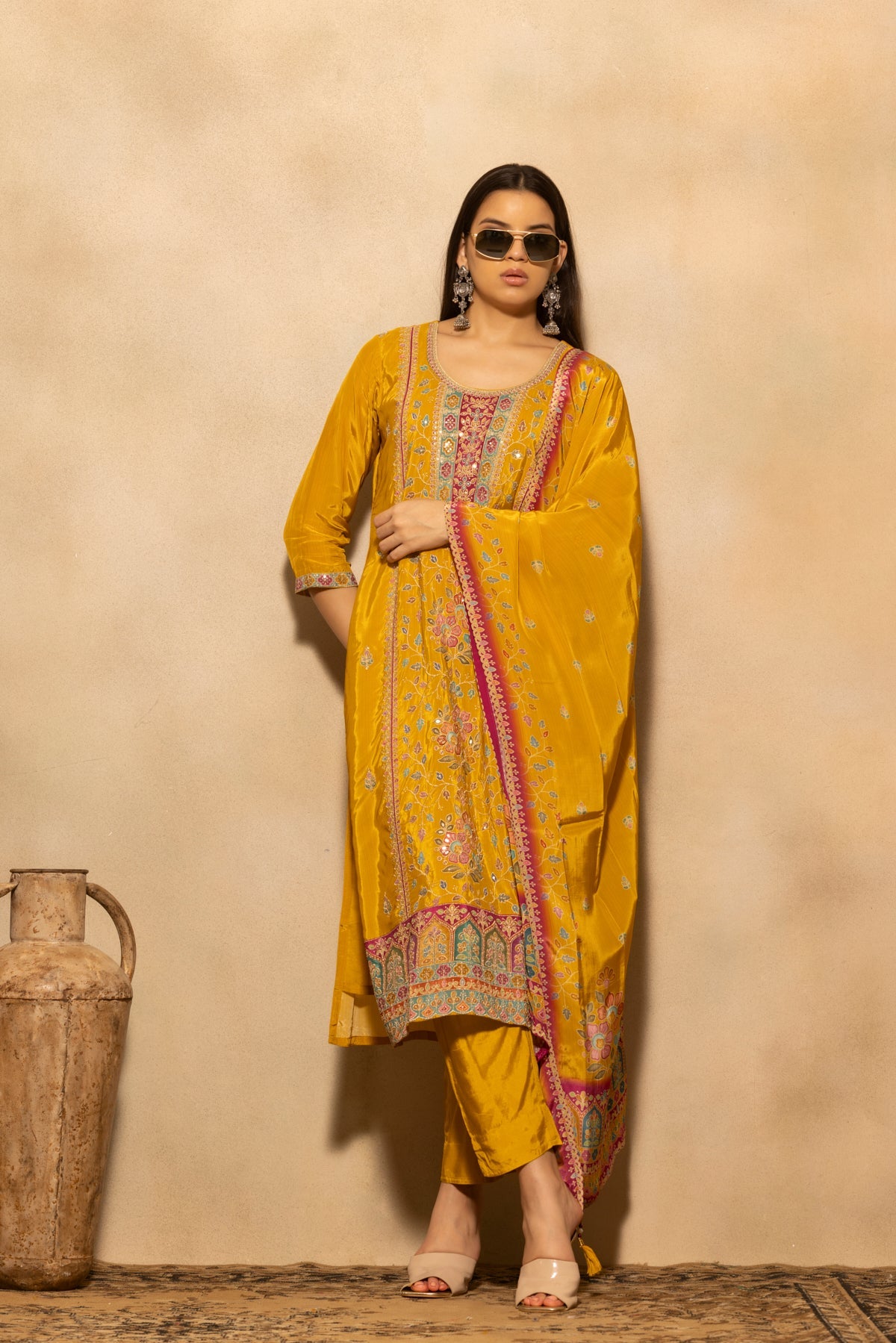 Yellow Floral Embroidered 3 Pcs Kurta Set