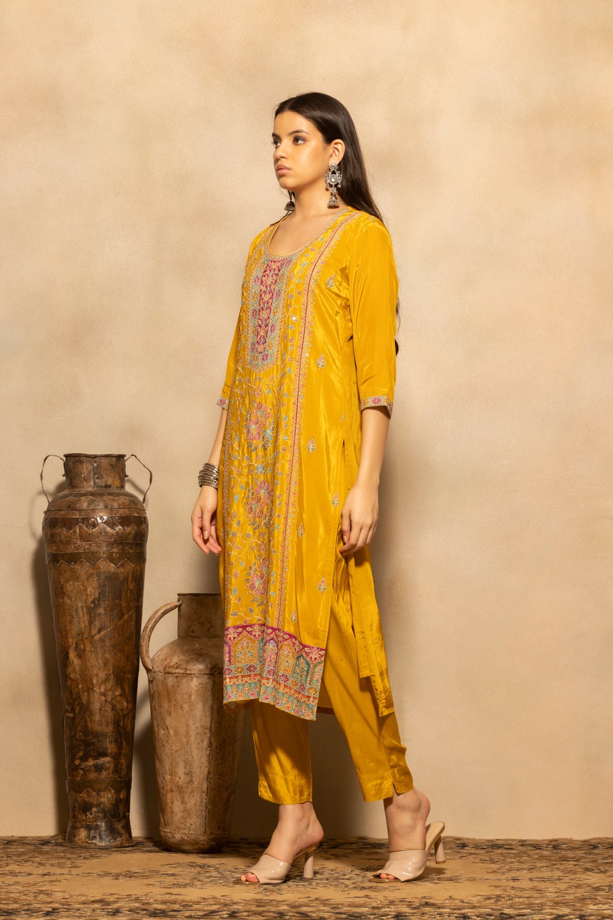 Yellow Floral Embroidered 3 Pcs Kurta Set