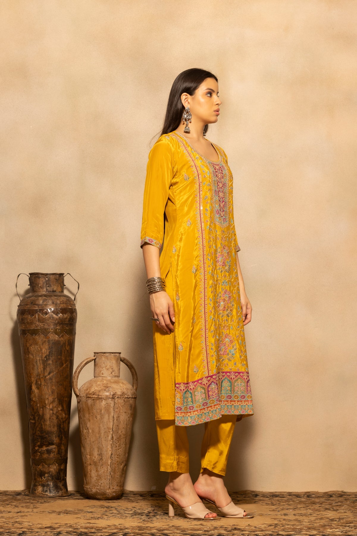 Yellow Floral Embroidered 3 Pcs Kurta Set