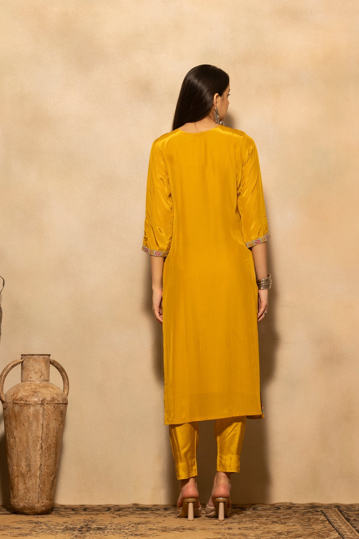 Yellow Floral Embroidered 3 Pcs Kurta Set