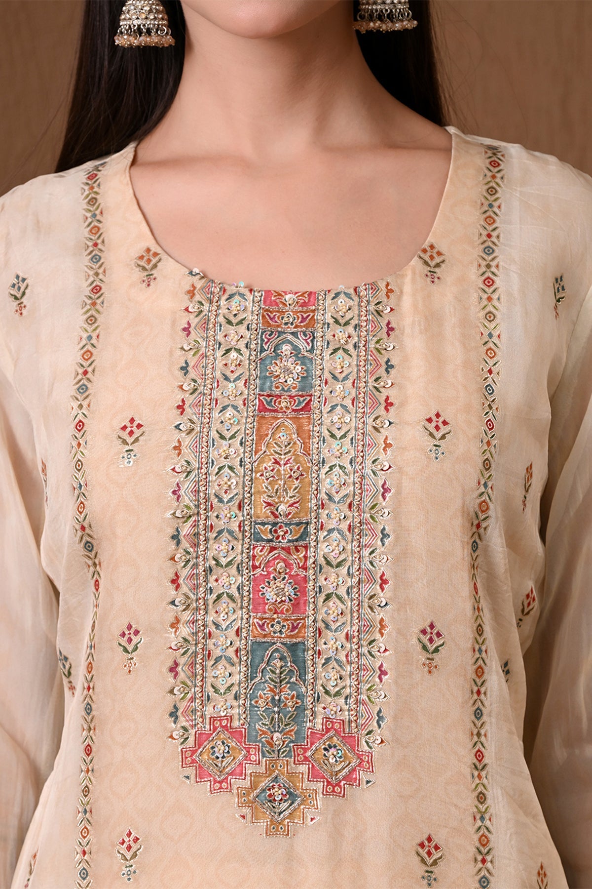 Fawn Patola Print 3 Pcs Kurta Set