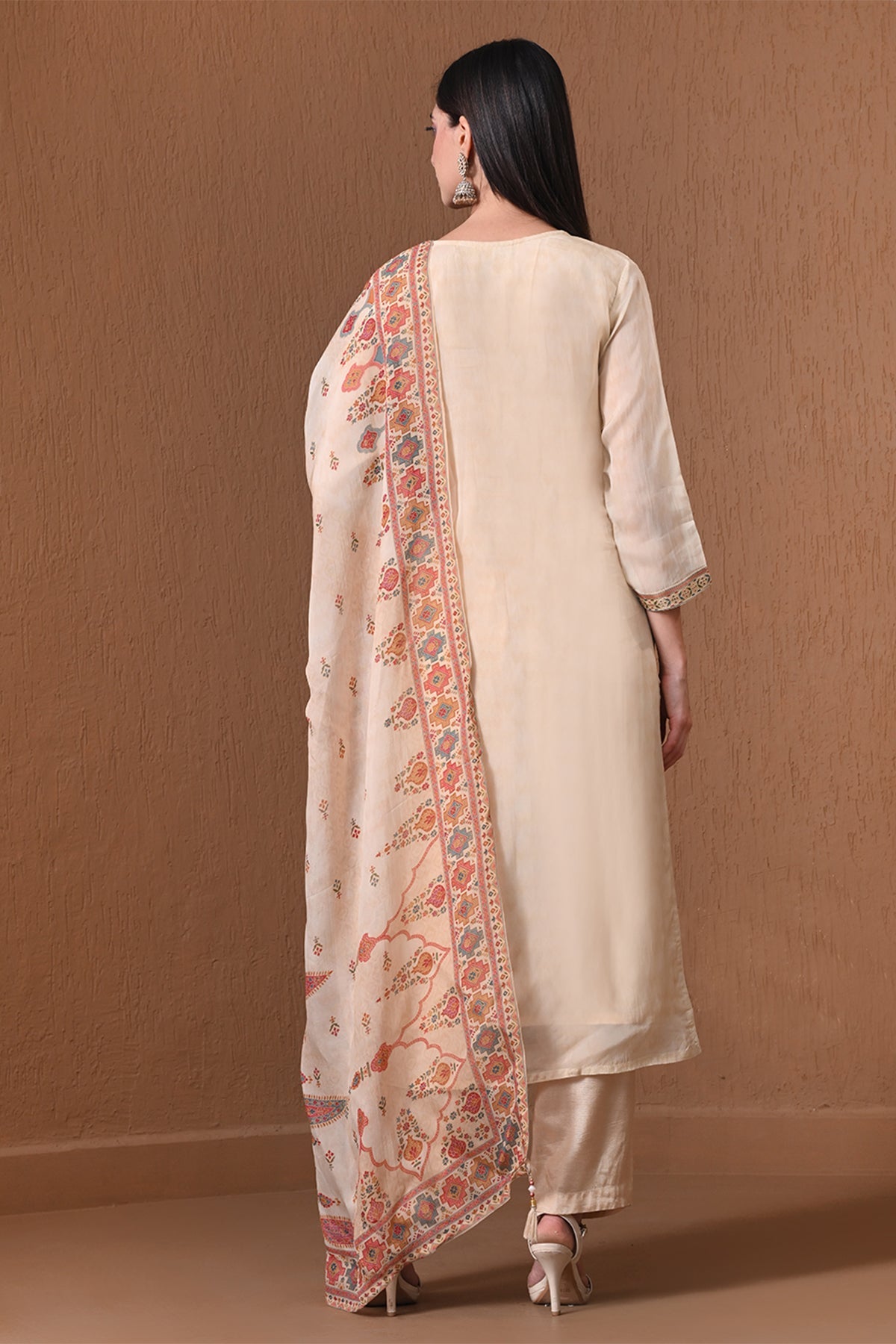 Fawn Patola Print 3 Pcs Kurta Set