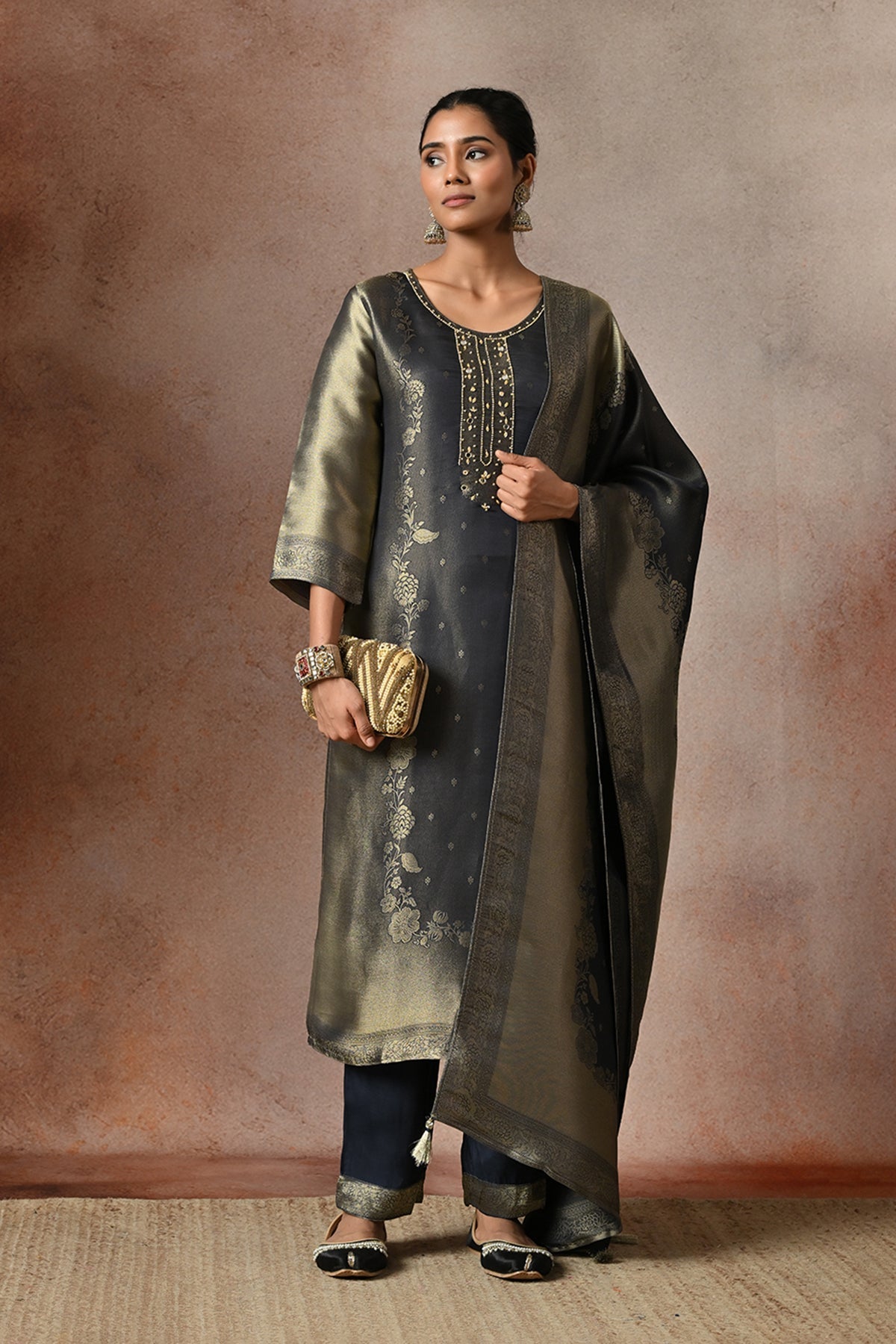 Metallic Midnight Blue Embroidered 3 Pcs Kurta Set