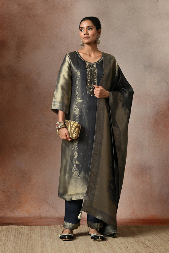 Metallic Midnight Blue Embroidered 3 Pcs Kurta Set