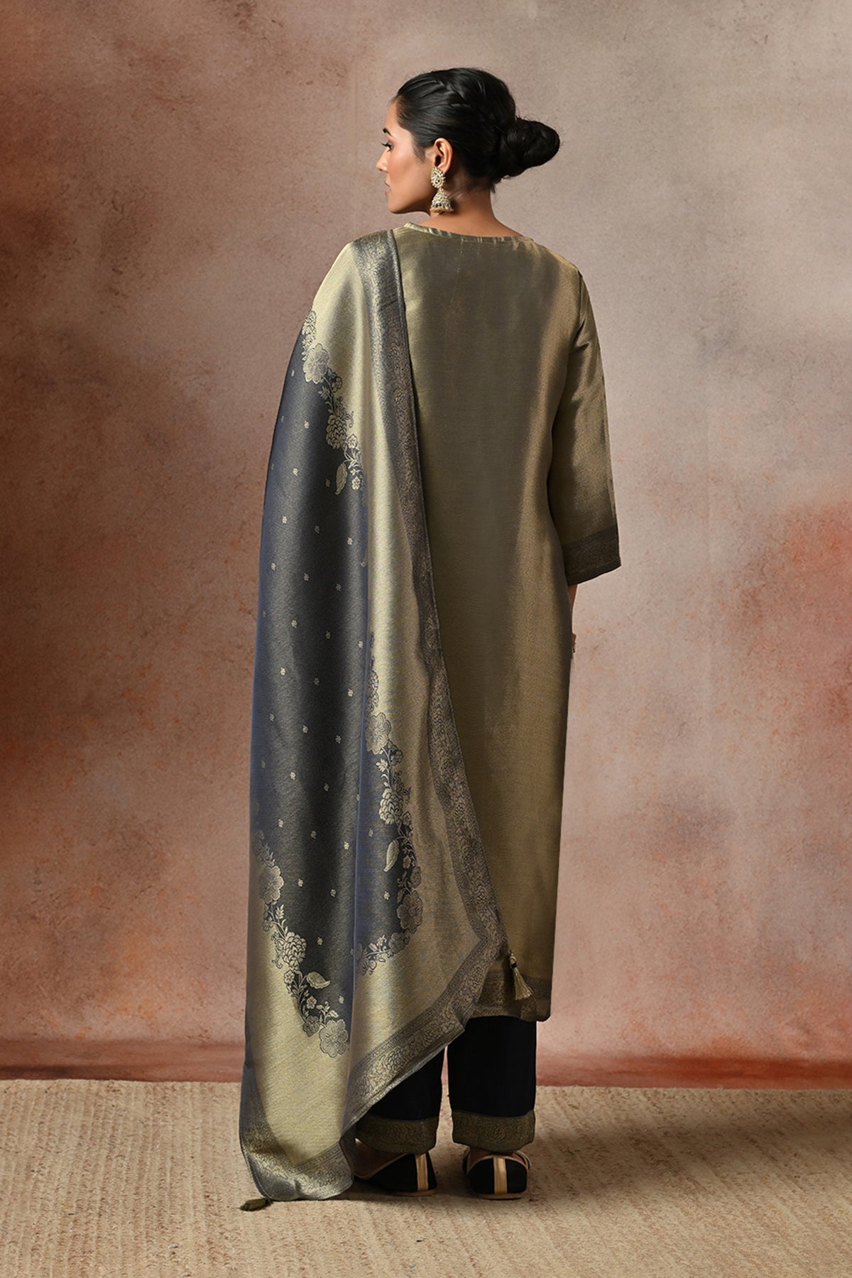 Metallic Midnight Blue Embroidered 3 Pcs Kurta Set