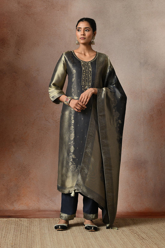 Metallic Midnight Blue Embroidered 3 Pcs Kurta Set