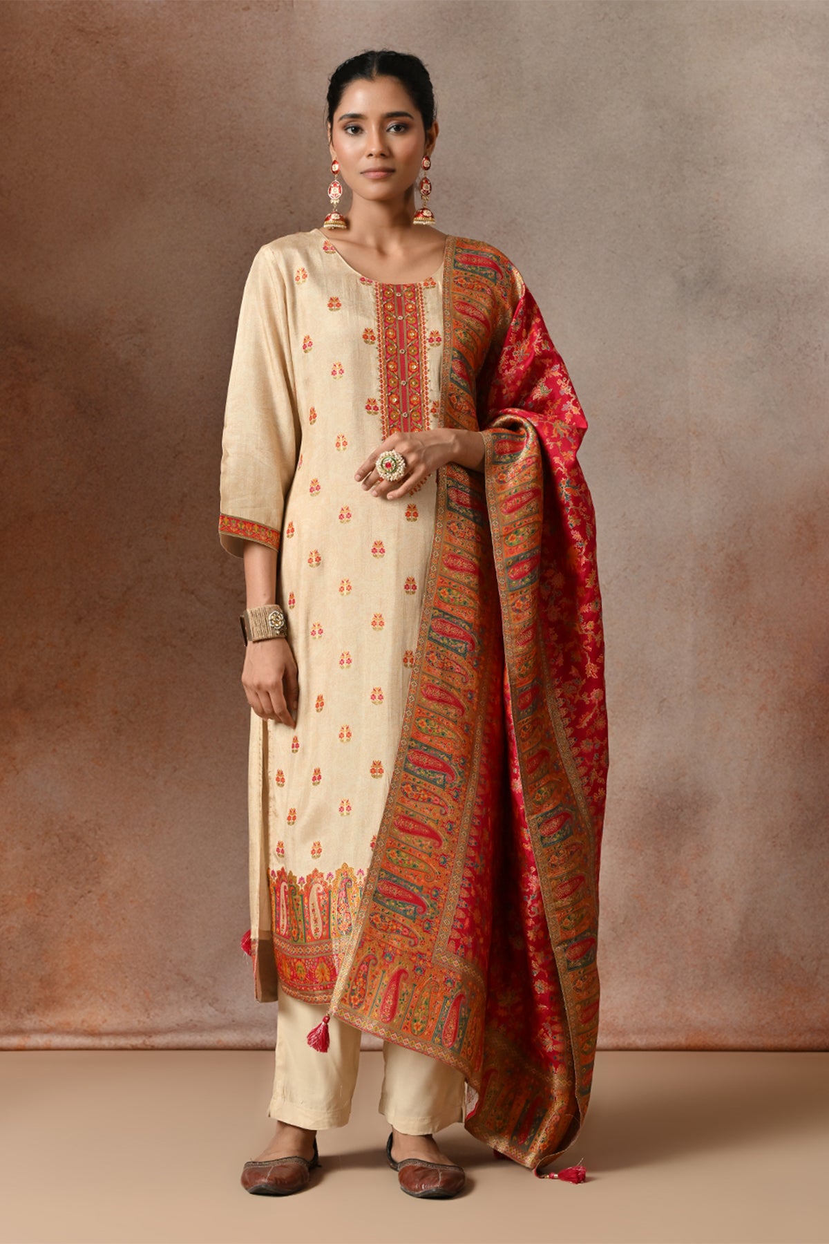 Beige Floral Zari Embroidered  3 Pcs Kurta Set