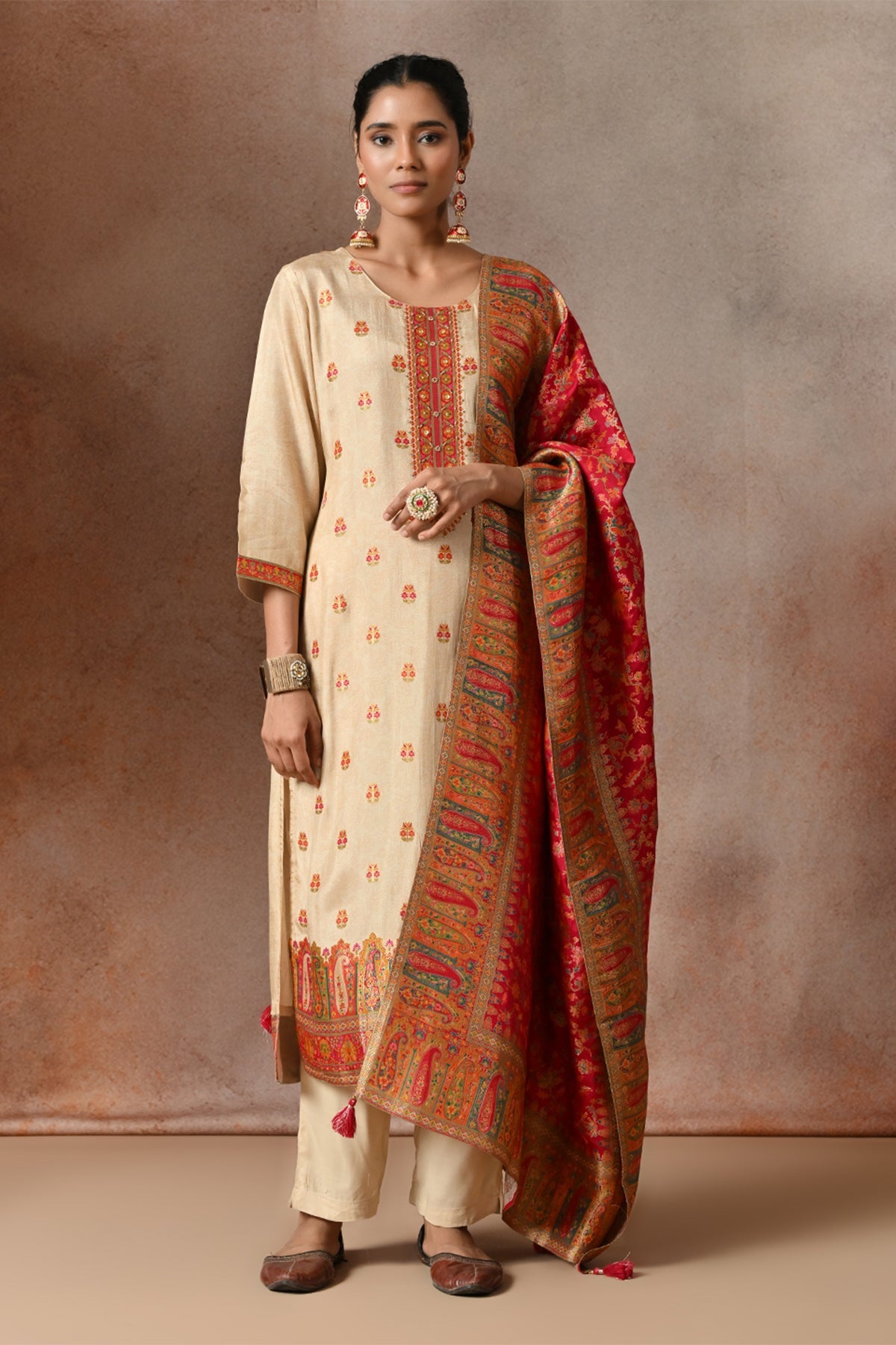 Beige Floral Zari Embroidered  3 Pcs Kurta Set