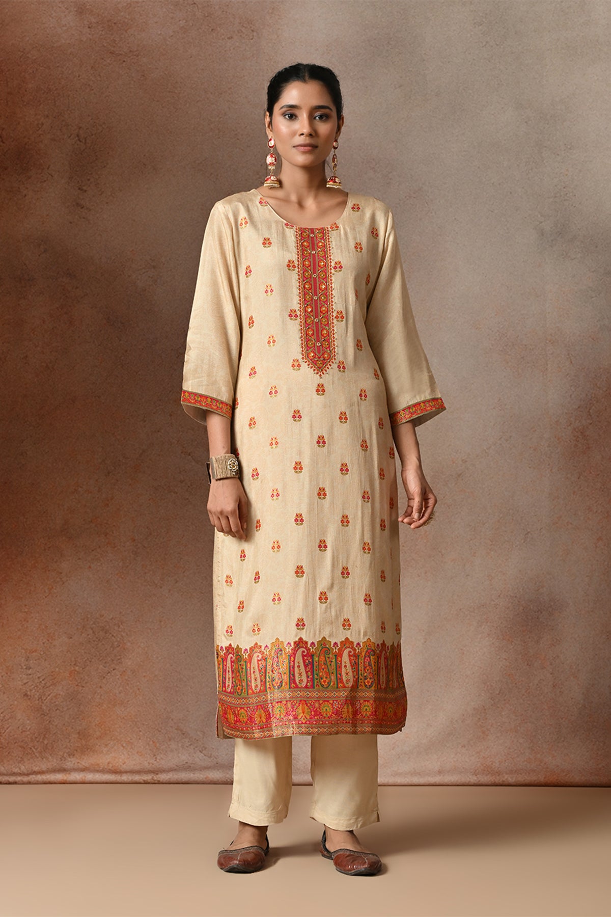Beige Floral Zari Embroidered  3 Pcs Kurta Set