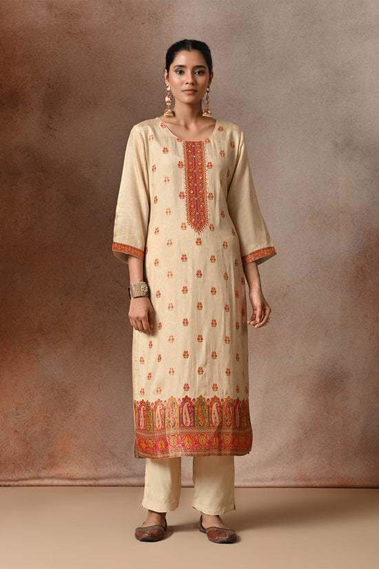 Beige Floral Zari Embroidered  3 Pcs Kurta Set
