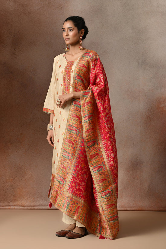 Beige Floral Zari Embroidered  3 Pcs Kurta Set