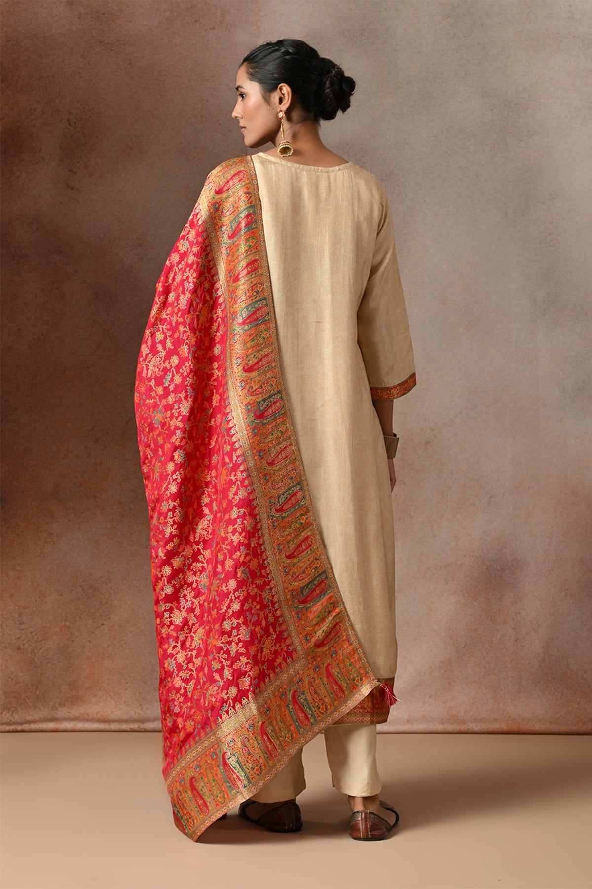 Beige Floral Zari Embroidered  3 Pcs Kurta Set