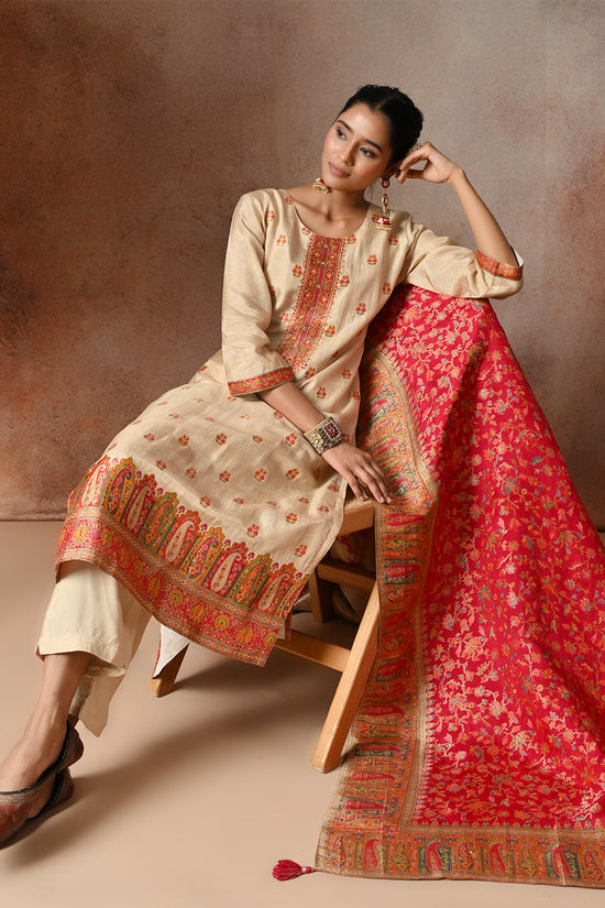 Beige Floral Zari Embroidered  3 Pcs Kurta Set