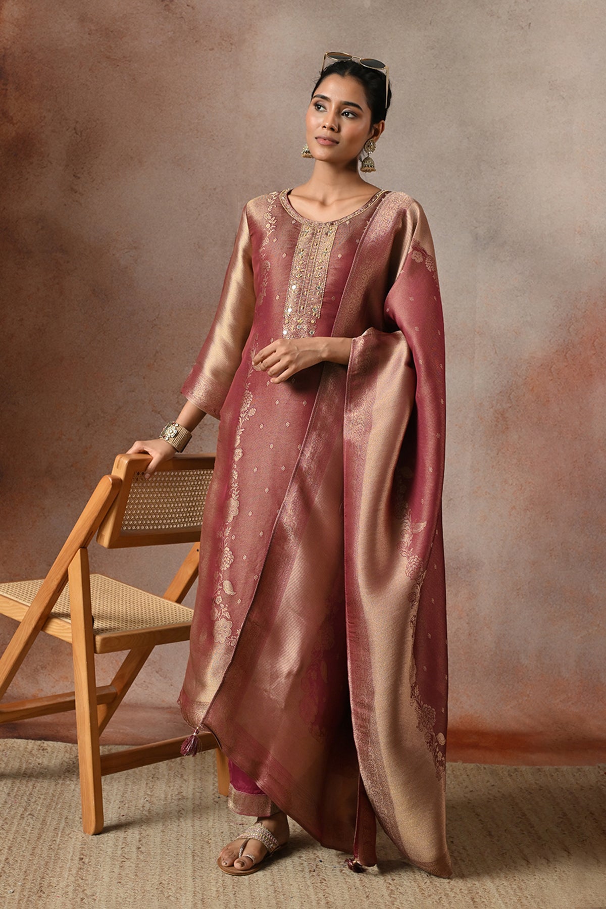 Metallic Wine Embroidered 3 Pcs Kurta Set