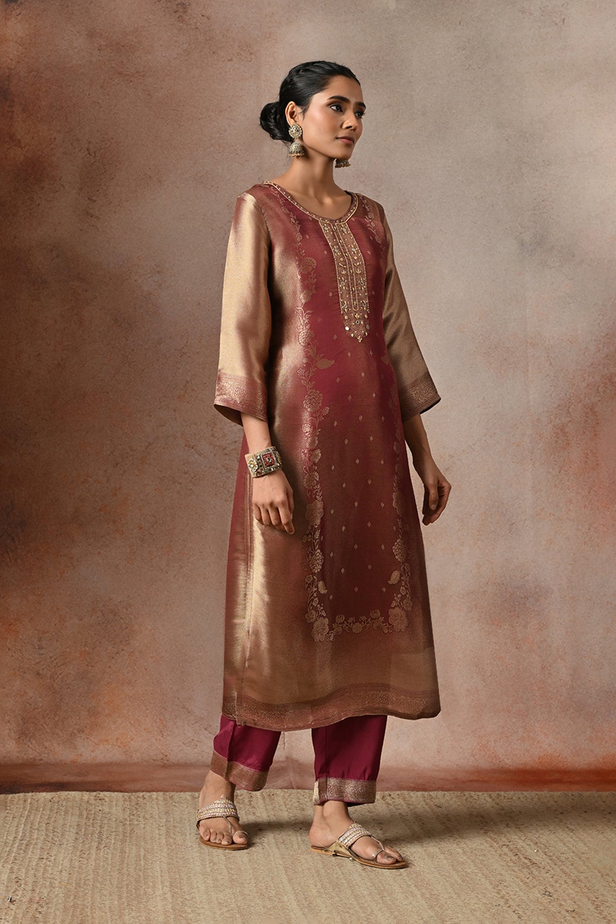 Metallic Wine Embroidered 3 Pcs Kurta Set