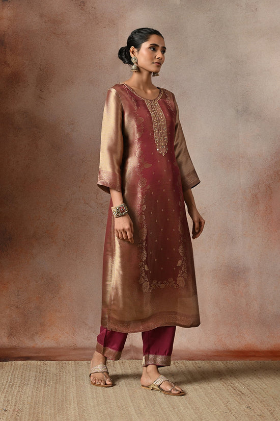 Metallic Wine Embroidered 3 Pcs Kurta Set