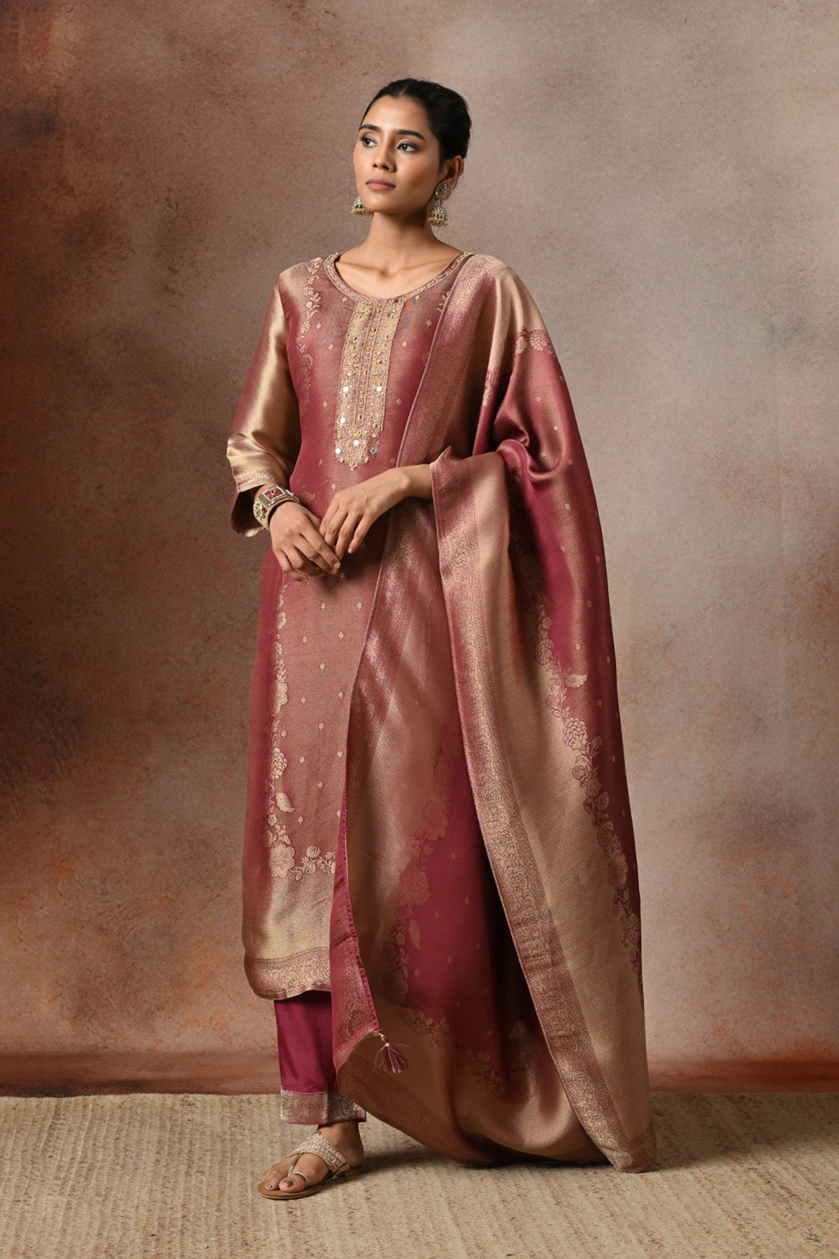 Metallic Wine Embroidered 3 Pcs Kurta Set
