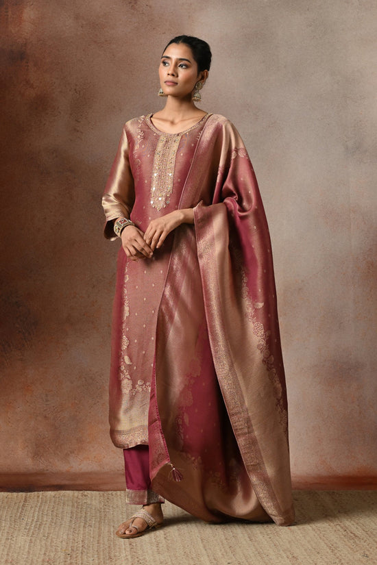 Metallic Wine Embroidered 3 Pcs Kurta Set