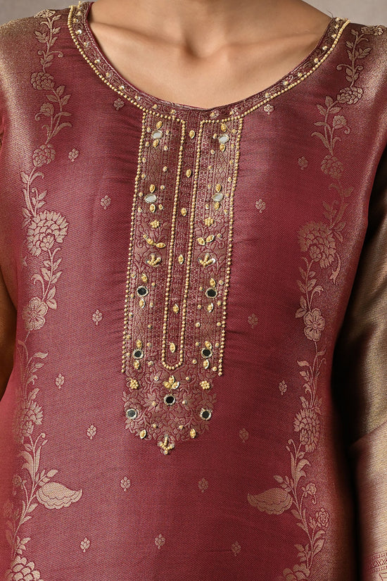 Metallic Wine Embroidered 3 Pcs Kurta Set