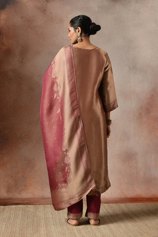 Metallic Wine Embroidered 3 Pcs Kurta Set