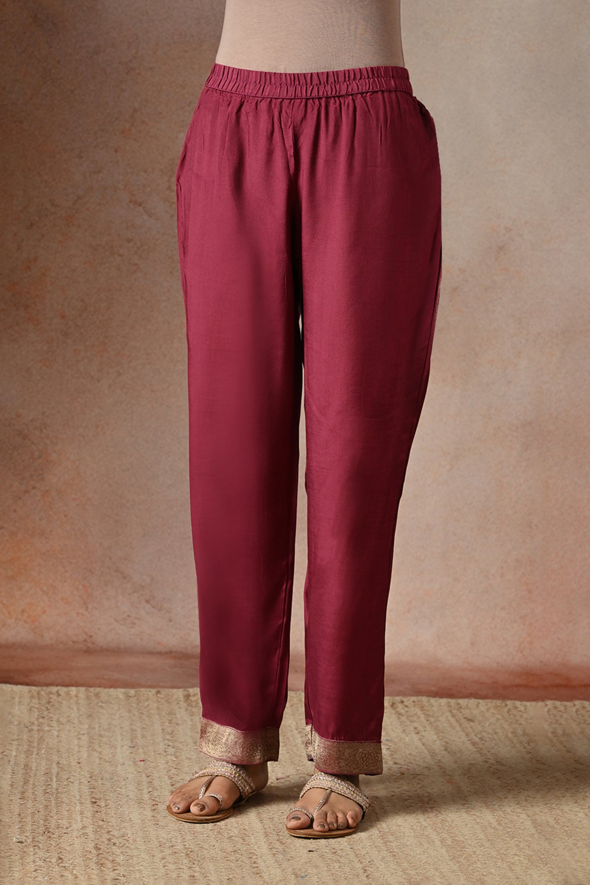 Metallic Wine Embroidered 3 Pcs Kurta Set
