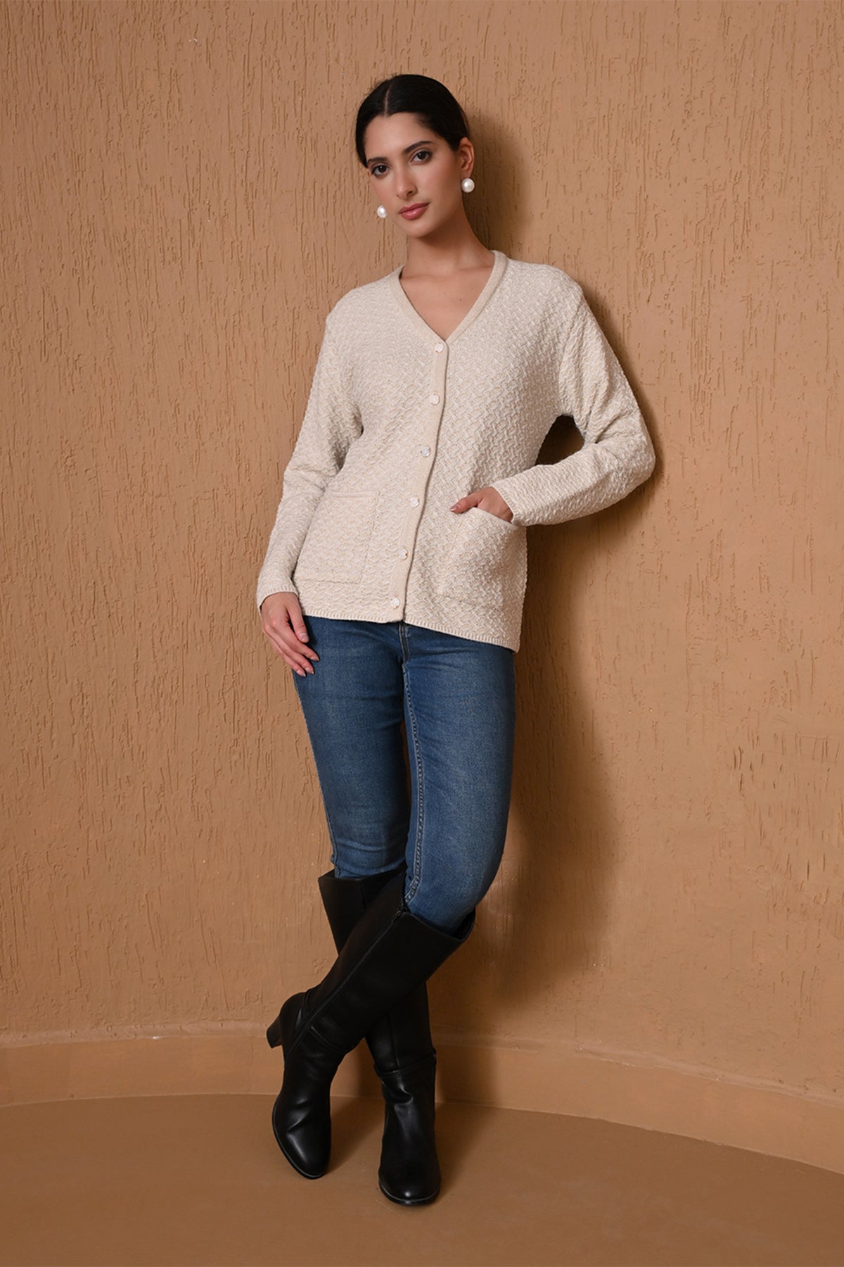 Winter Fawn Textured Knitted Cardigan