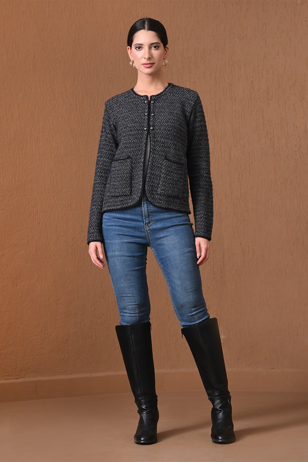 Winter Charcoal Black Tweed-Style Textured Cardigan
