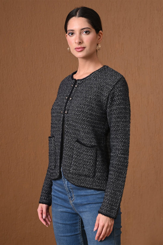 Winter Charcoal Black Tweed-Style Textured Cardigan