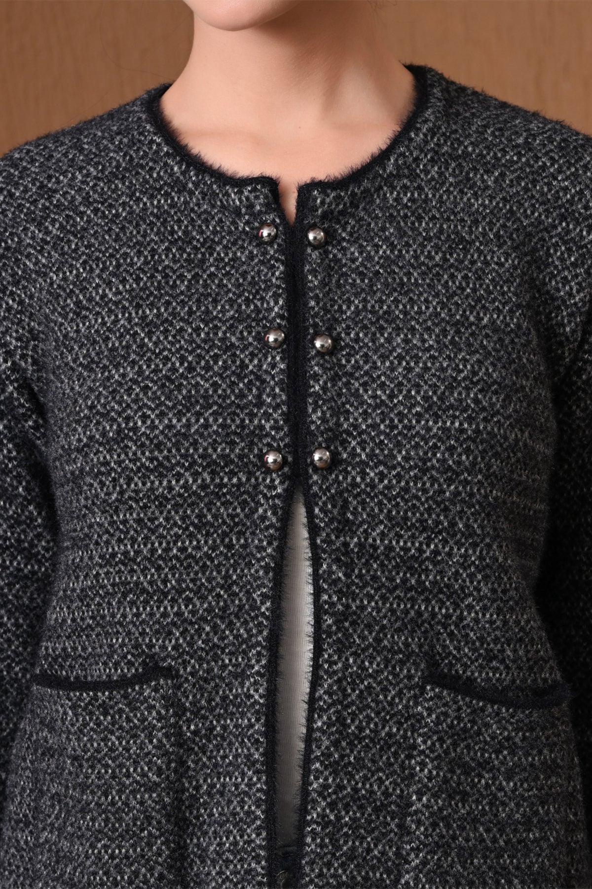 Winter Charcoal Black Tweed-Style Textured Cardigan