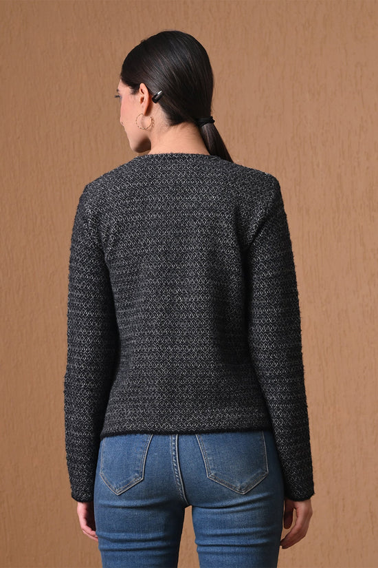 Winter Charcoal Black Tweed-Style Textured Cardigan