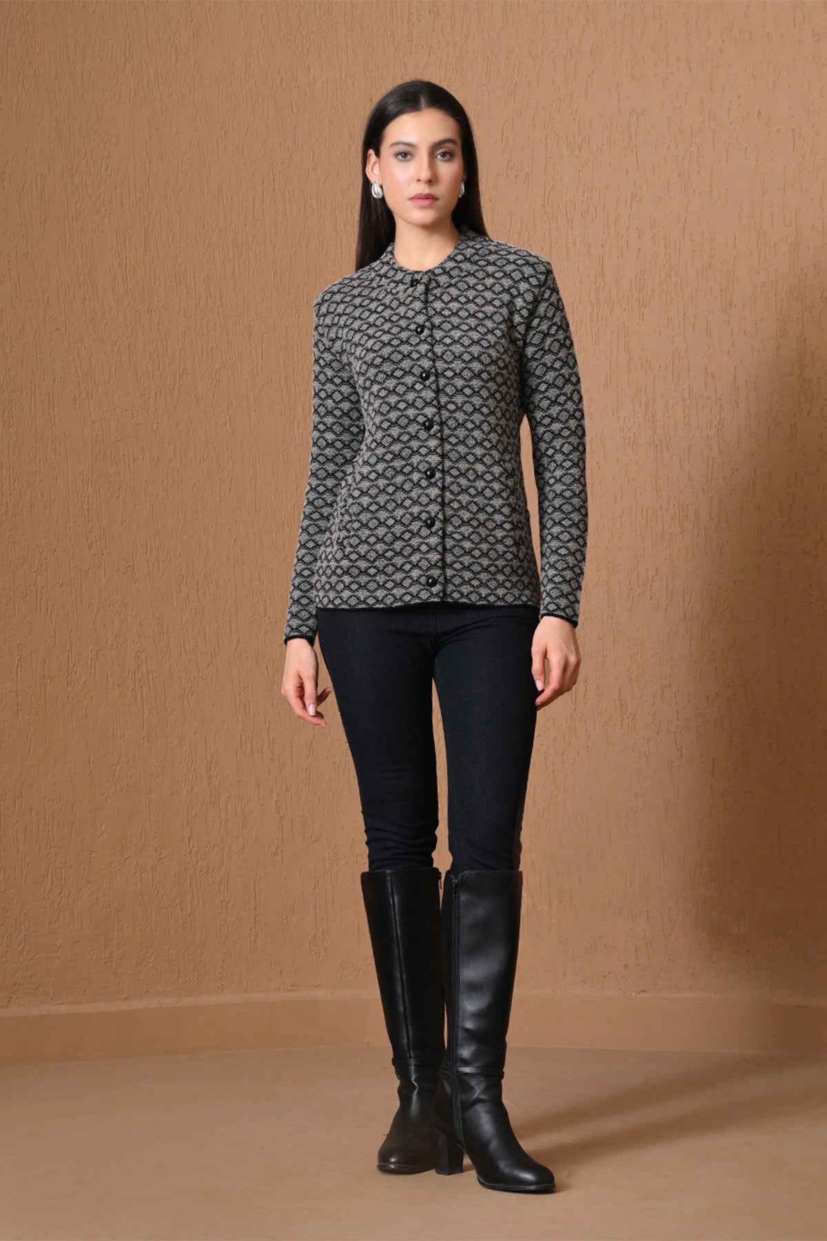Winter Grey Geometric Diamond Knitted Cardigan