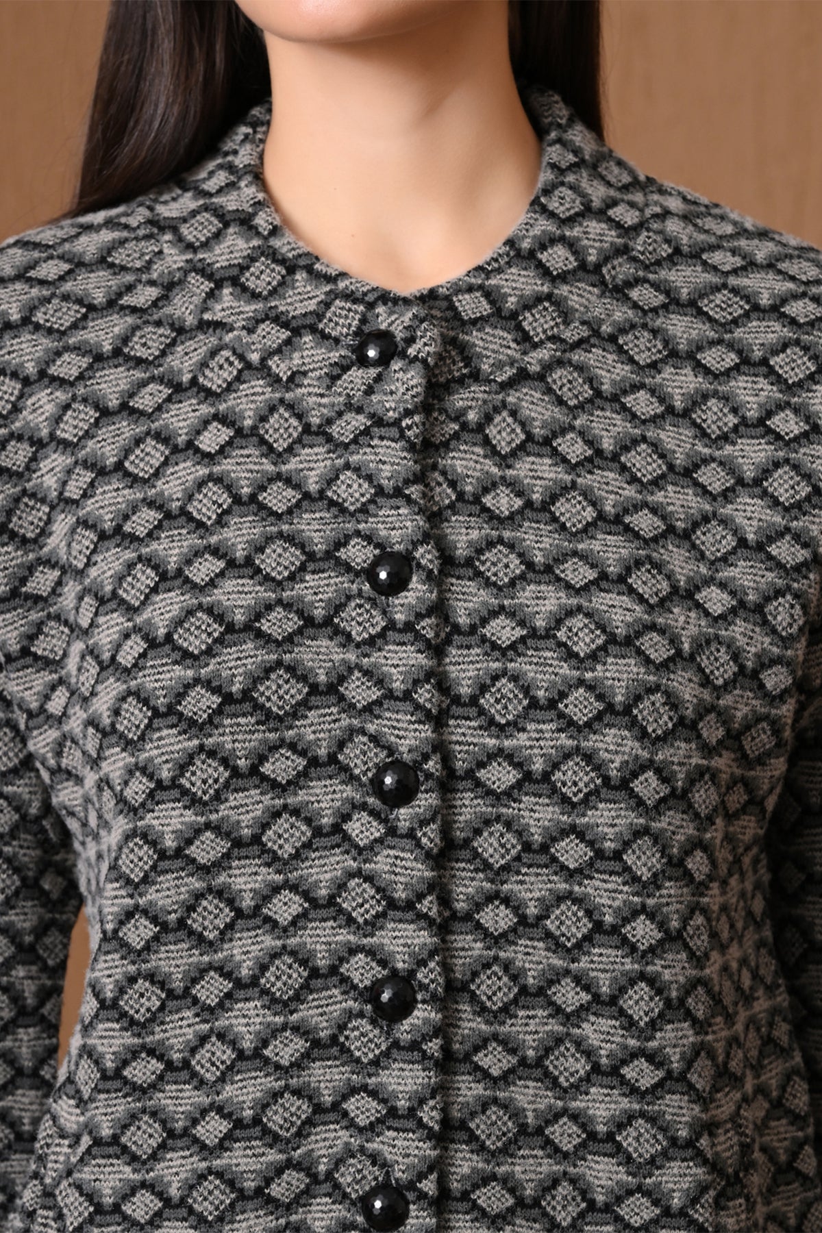 Winter Grey Geometric Diamond Knitted Cardigan