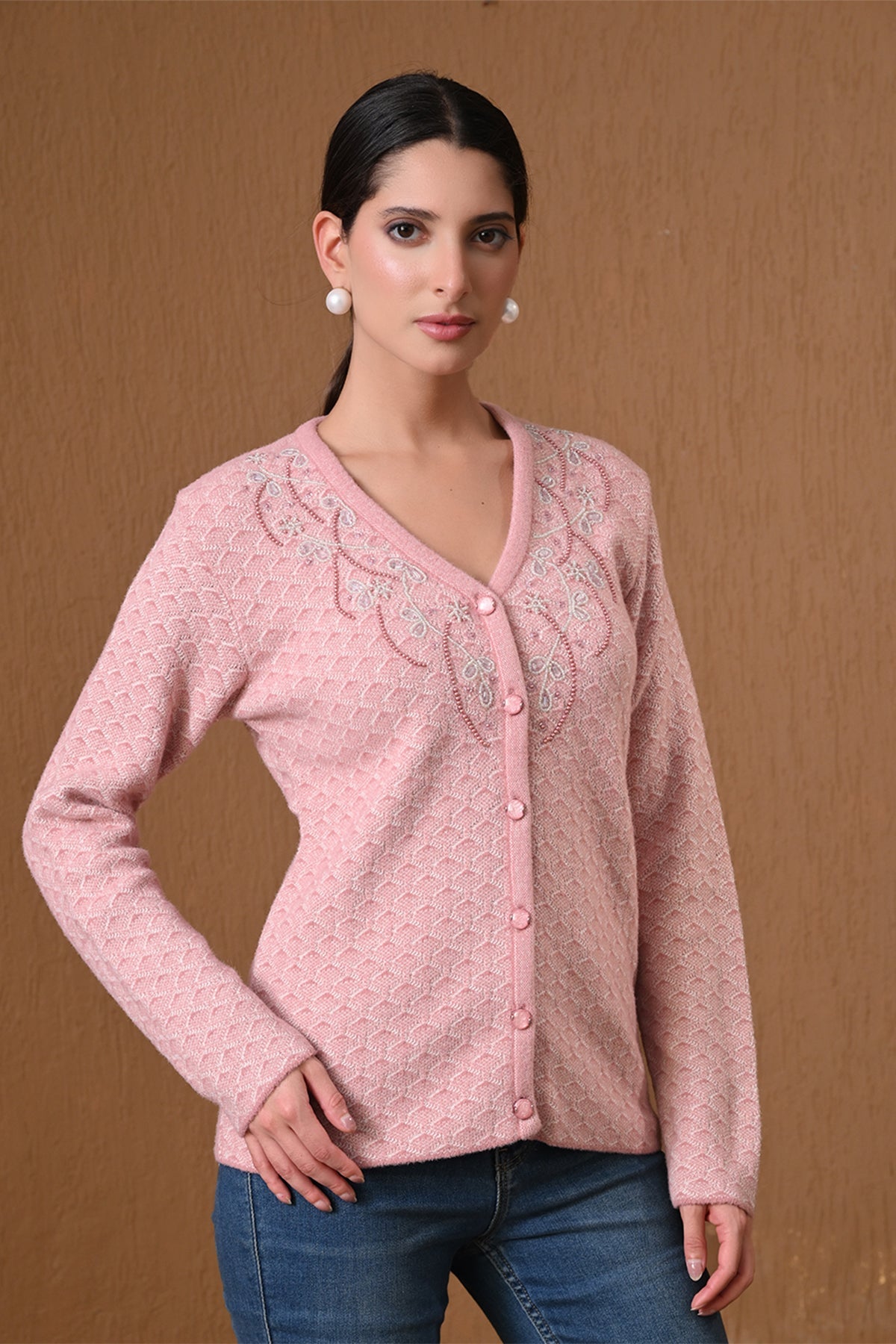 Winter Pink Embroidered Textured Knitted Cardigan