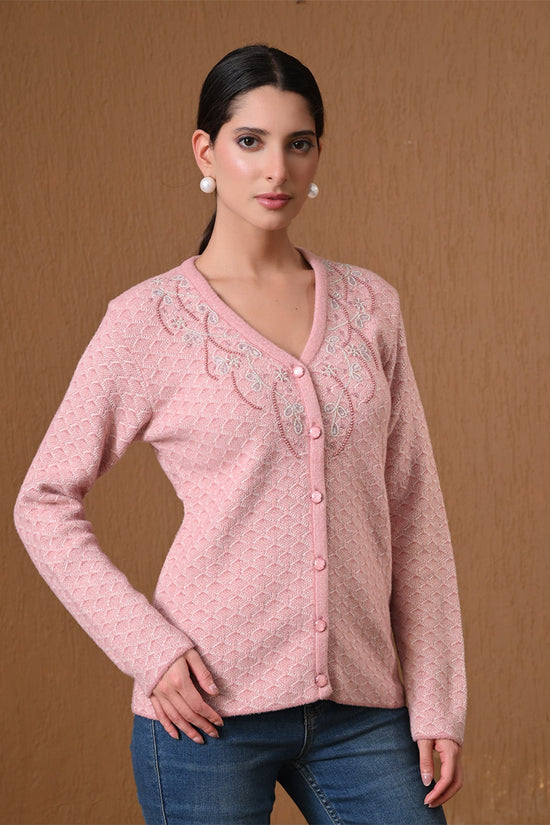 Winter Pink Embroidered Textured Knitted Cardigan