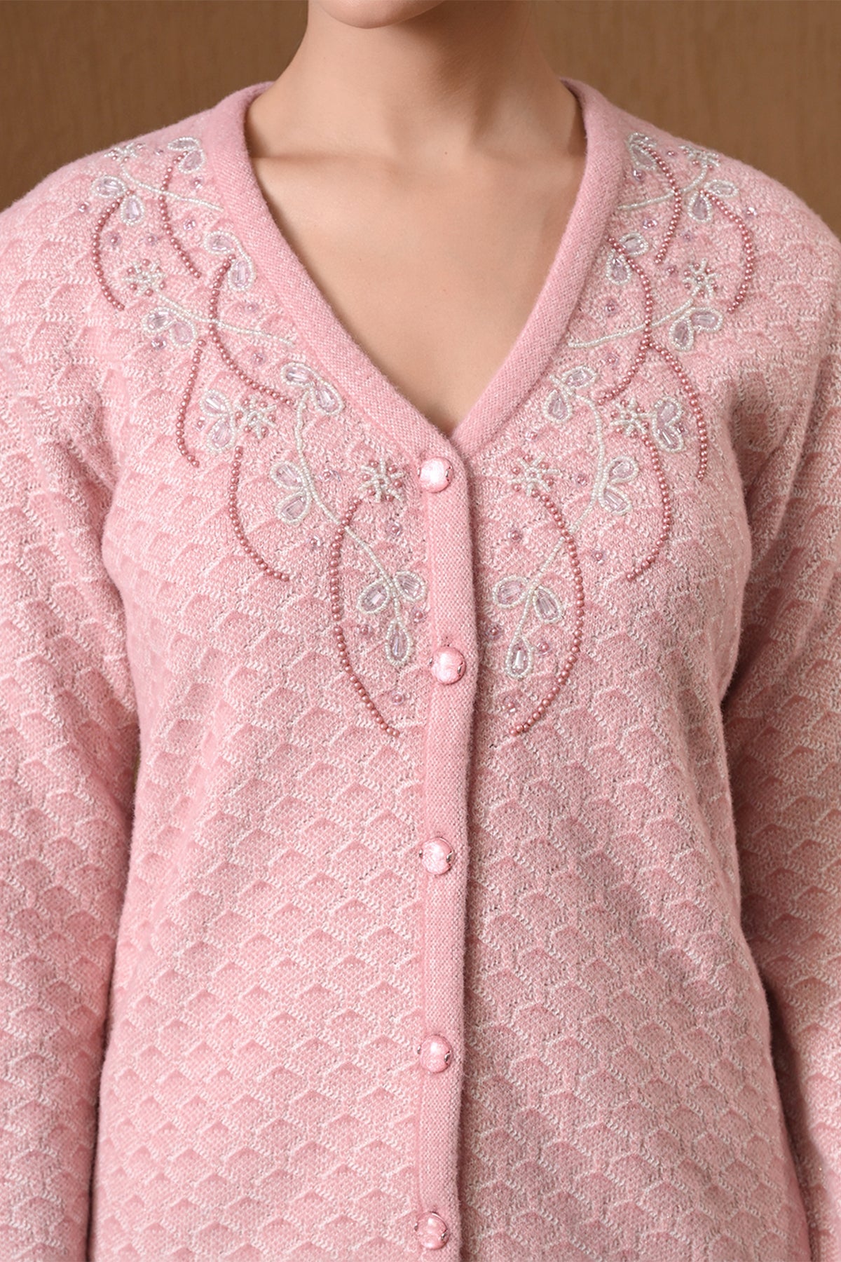 Winter Pink Embroidered Textured Knitted Cardigan