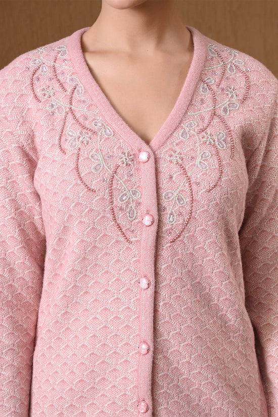Winter Pink Embroidered Textured Knitted Cardigan