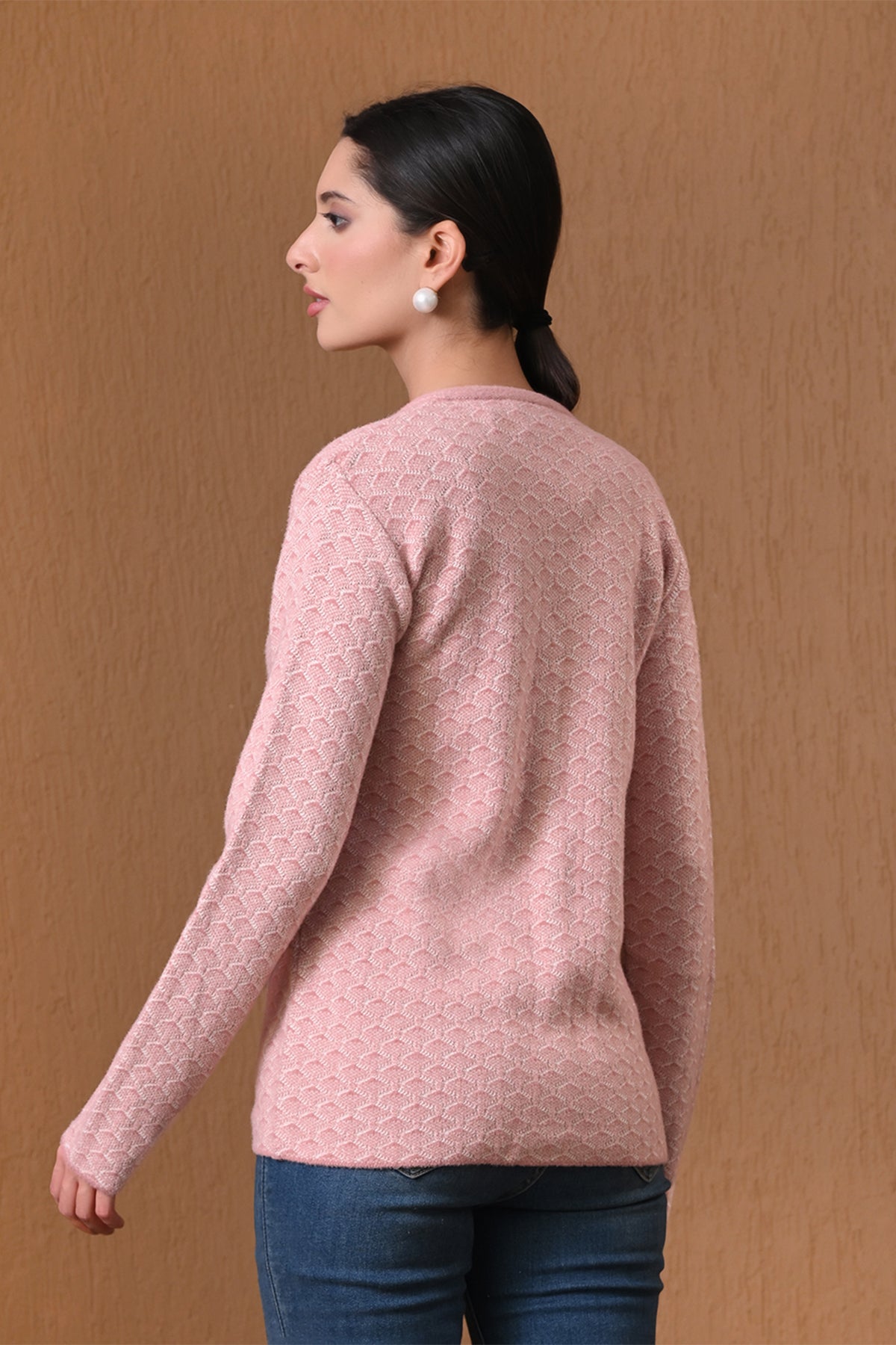 Winter Pink Embroidered Textured Knitted Cardigan