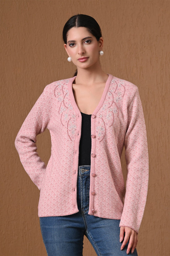 Winter Pink Embroidered Textured Knitted Cardigan