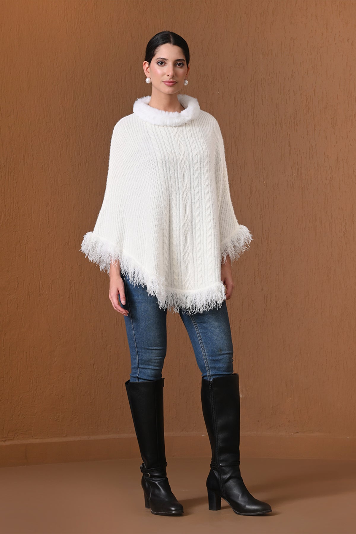 Winter Ivory Cream Cable-Knit Faux Fur Poncho